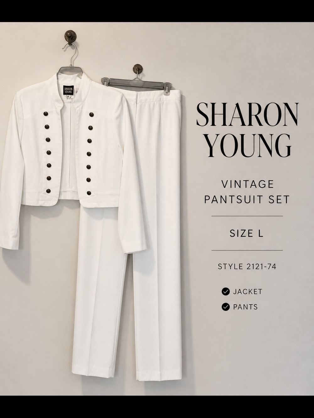 Vintage Sharon Young Ivory White Military Button Pantsuit Set Size Large 10